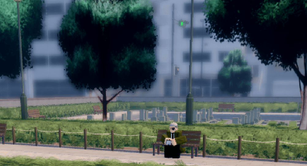 Dorian Graves NPC - senior devil hunter in dark green suit, sitting on chair with one eye